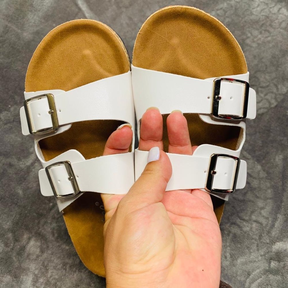 Women's White SlideBuckle T-Strap Platform Sandals - Picture 4 of 15